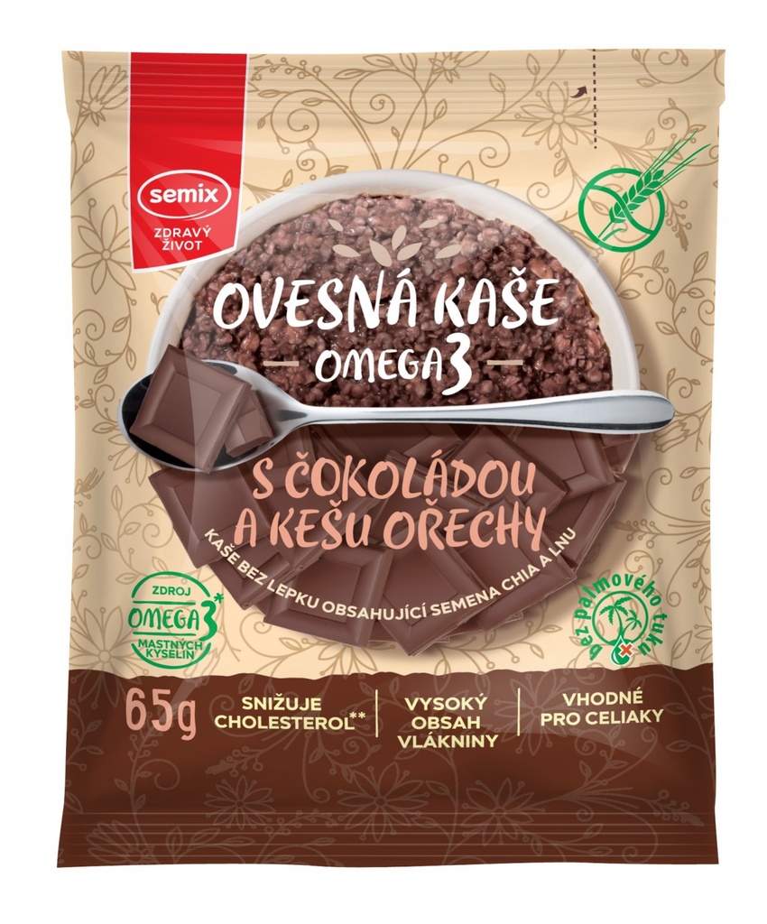 Ovsená kaša Omega3 s čokoládou a kešu orieškami 65 g SEMIX