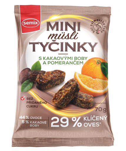 [SEM001] MINI MÜSLI TYČINKY S KAKAOVÝMI BÔBMI A POMARANČOM BEZ LEPKU 70 G, SEMIX 70 g SEMIX